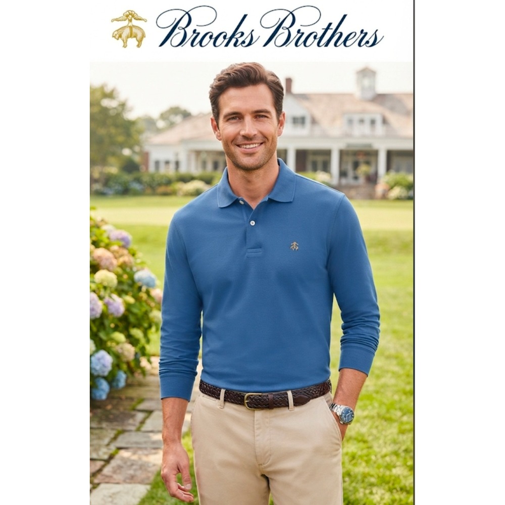 Brooks Brothers Mens Slim Fit Performance Polo Blue Long Sleeve Supima Cotton S - Picture 1 of 4